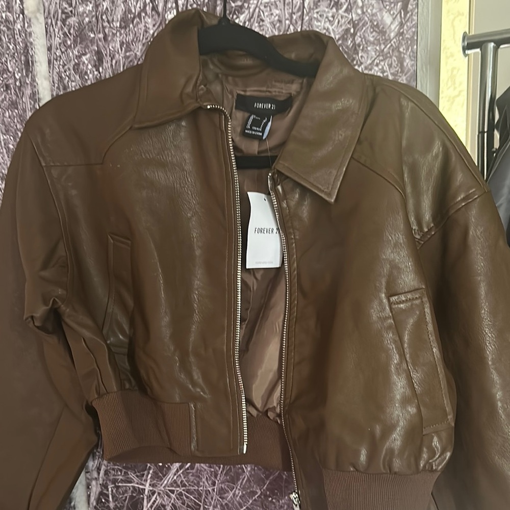Forever 21 Brown Leather Bomber Jacket large
